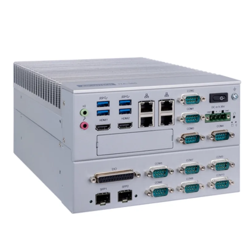 Máy tính giao thông Advantech ITA-360E vỏ nhôm xám, mặt trước có 4 cổng LAN, 2 cổng SFP, cổng DIO và 10 cổng COM