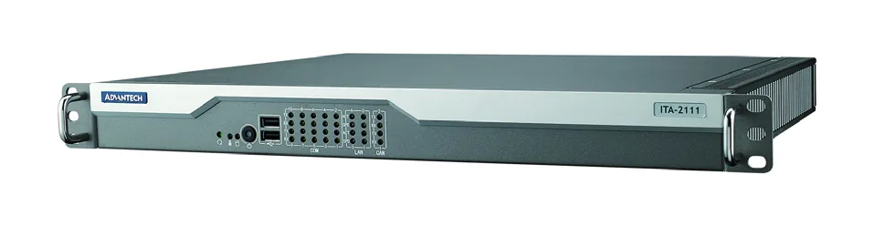 Máy tính công nghiệp Advantech ITA-2111 dạng rack 1U không quạt, mặt trước có tai bắt tủ và các cụm cổng COM, LAN, CAN