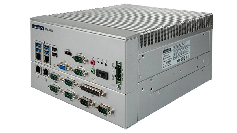 Máy tính công nghiệp không quạt Advantech ITA-3650 vỏ nhôm tản nhiệt, mặt trước có 8 cổng COM, 4 cổng LAN, cổng DIO 25 chân, VGA, HDMI và đầu nguồn 9–36 V